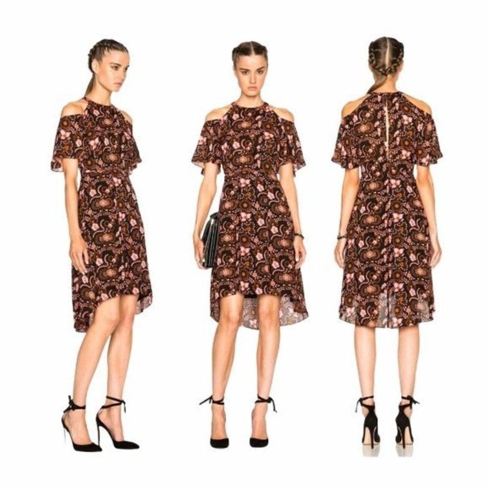 A.L.C. Emile Floral Pink Black Printed Silk Hi-low Hem Midi Dress 6